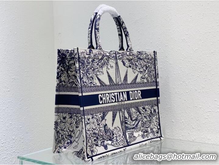 Famous Brand LARGE DIOR BOOK TOTE White and Blue Multicolor Reve dInfini Embroidery M1286Z