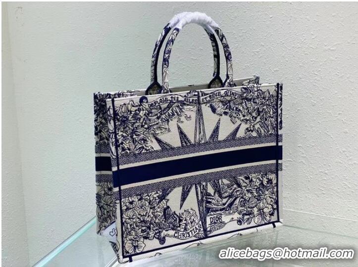 Famous Brand LARGE DIOR BOOK TOTE White and Blue Multicolor Reve dInfini Embroidery M1286Z