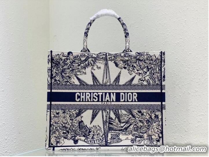 Famous Brand LARGE DIOR BOOK TOTE White and Blue Multicolor Reve dInfini Embroidery M1286Z