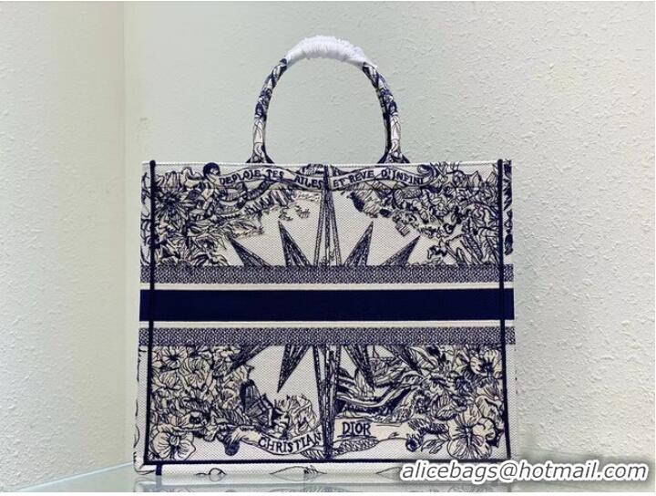 Famous Brand LARGE DIOR BOOK TOTE White and Blue Multicolor Reve dInfini Embroidery M1286Z