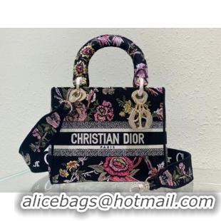 New Fashion MEDIUM LADY D-LITE BAG Black Multicolor Dior Jardin Botanique Embroidery M0565O