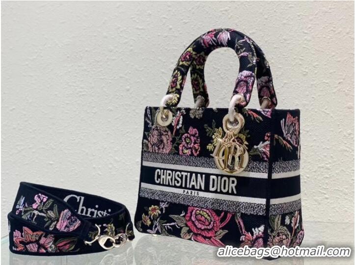 New Fashion MEDIUM LADY D-LITE BAG Black Multicolor Dior Jardin Botanique Embroidery M0565O