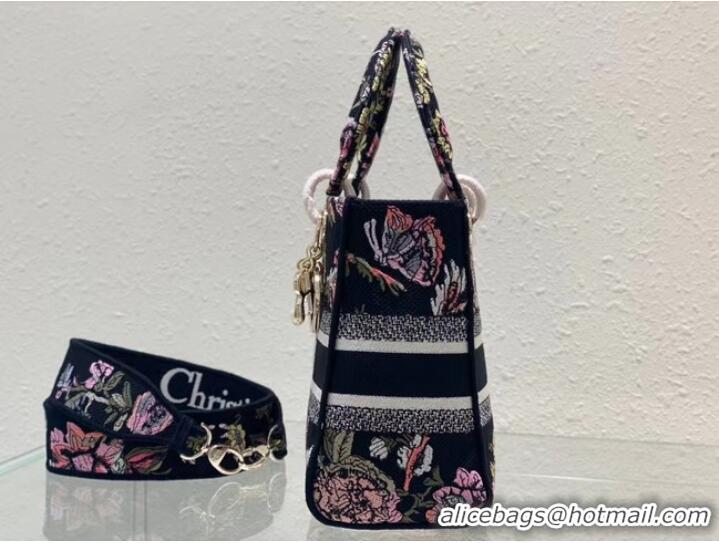 New Fashion MEDIUM LADY D-LITE BAG Black Multicolor Dior Jardin Botanique Embroidery M0565O