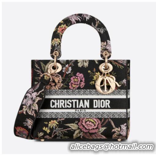 New Fashion MEDIUM LADY D-LITE BAG Black Multicolor Dior Jardin Botanique Embroidery M0565O