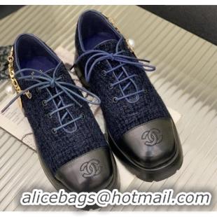 Popular Style Chanel Tweed Lace-ups with Chain Charm G39393 Navy Blue