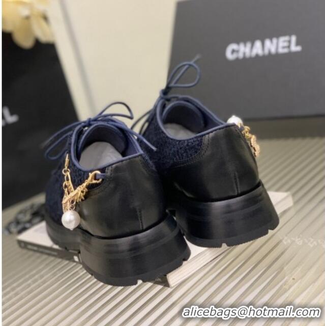 Popular Style Chanel Tweed Lace-ups with Chain Charm G39393 Navy Blue