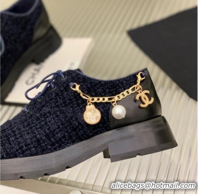 Popular Style Chanel Tweed Lace-ups with Chain Charm G39393 Navy Blue