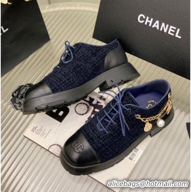 Popular Style Chanel Tweed Lace-ups with Chain Charm G39393 Navy Blue