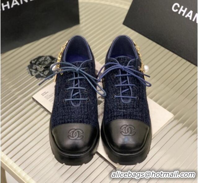 Popular Style Chanel Tweed Lace-ups with Chain Charm G39393 Navy Blue