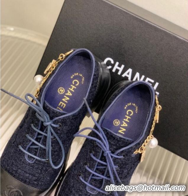 Popular Style Chanel Tweed Lace-ups with Chain Charm G39393 Navy Blue