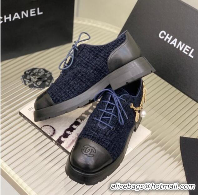 Popular Style Chanel Tweed Lace-ups with Chain Charm G39393 Navy Blue