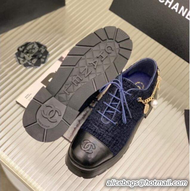 Popular Style Chanel Tweed Lace-ups with Chain Charm G39393 Navy Blue