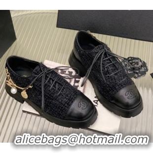 Cheapest Chanel Tweed Lace-ups with Chain Charm G39393 Black