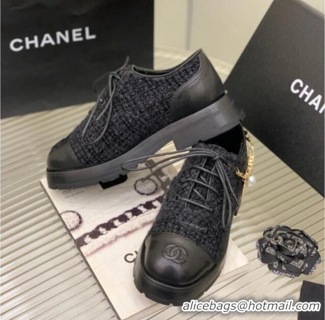 Cheapest Chanel Tweed Lace-ups with Chain Charm G39393 Black