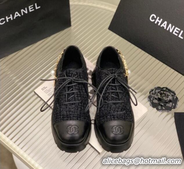 Cheapest Chanel Tweed Lace-ups with Chain Charm G39393 Black