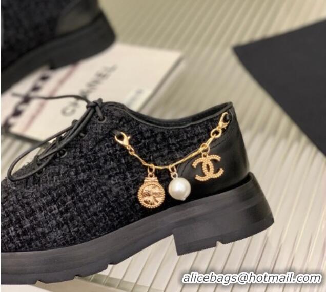 Cheapest Chanel Tweed Lace-ups with Chain Charm G39393 Black