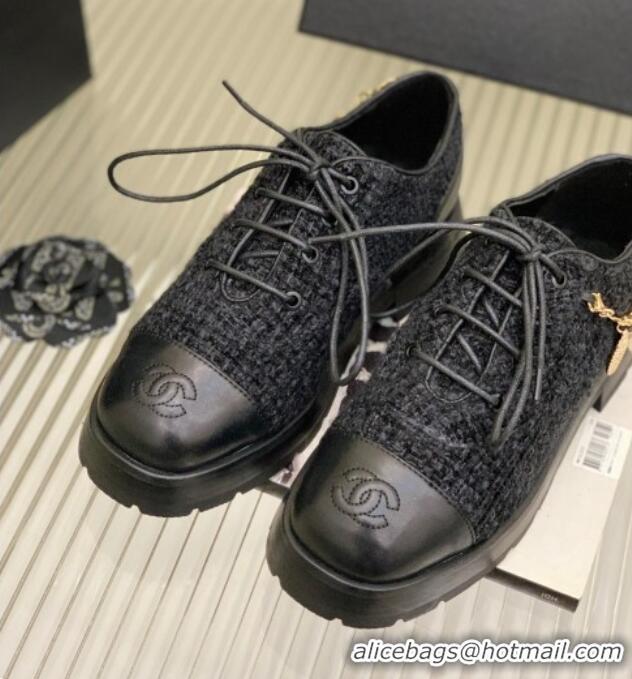 Cheapest Chanel Tweed Lace-ups with Chain Charm G39393 Black