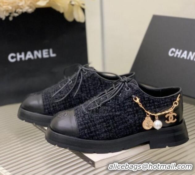 Cheapest Chanel Tweed Lace-ups with Chain Charm G39393 Black