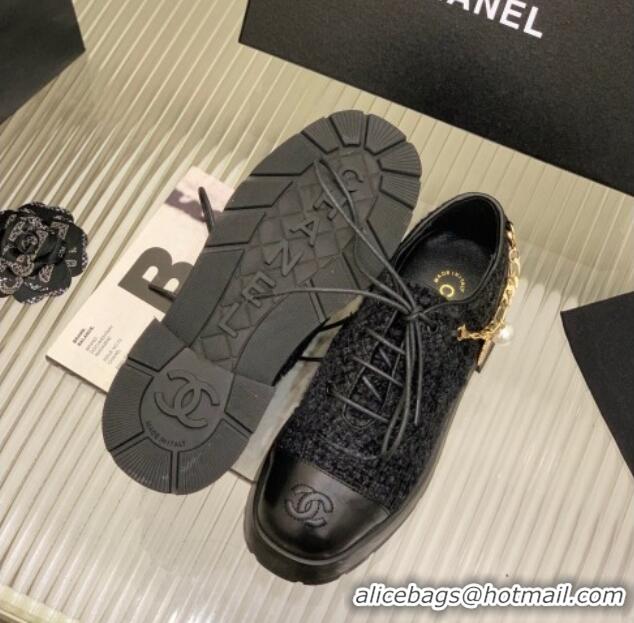 Cheapest Chanel Tweed Lace-ups with Chain Charm G39393 Black