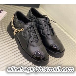 Good Quality Chanel Lambskin and Patent Leather Lace-ups with Chain Charm G39393 Black