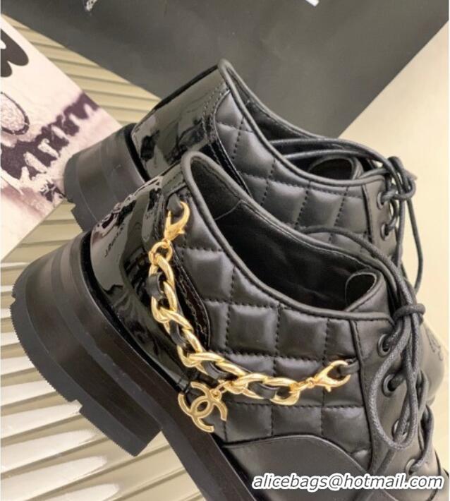 Good Quality Chanel Lambskin and Patent Leather Lace-ups with Chain Charm G39393 Black