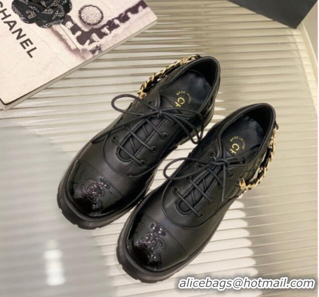 Good Quality Chanel Lambskin and Patent Leather Lace-ups with Chain Charm G39393 Black