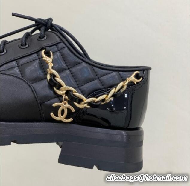 Good Quality Chanel Lambskin and Patent Leather Lace-ups with Chain Charm G39393 Black