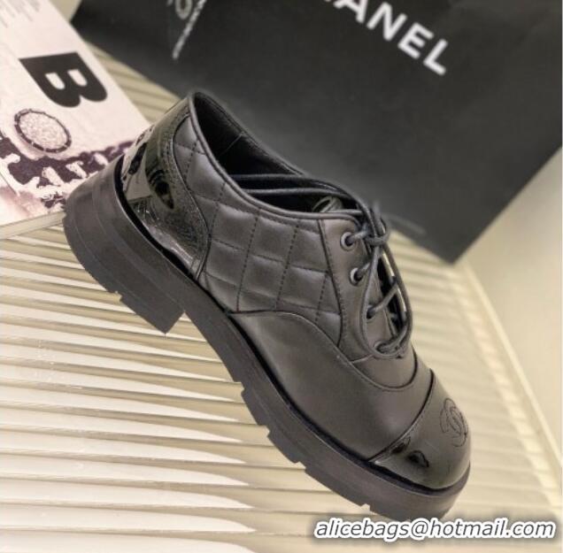 Good Quality Chanel Lambskin and Patent Leather Lace-ups with Chain Charm G39393 Black