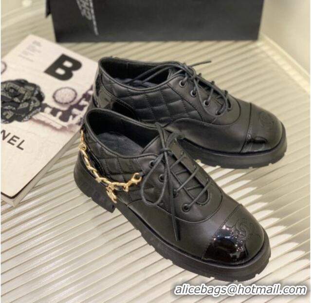 Good Quality Chanel Lambskin and Patent Leather Lace-ups with Chain Charm G39393 Black