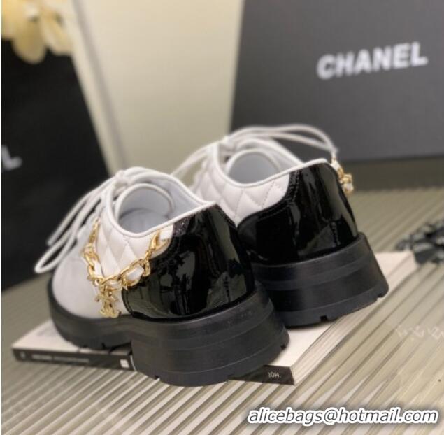 Most Popular Chanel Lambskin and Patent Leather Lace-ups with Chain Charm G39393 White