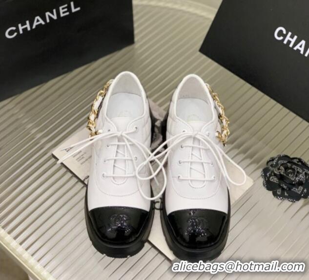 Most Popular Chanel Lambskin and Patent Leather Lace-ups with Chain Charm G39393 White