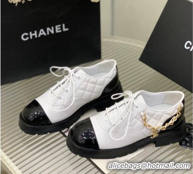 Most Popular Chanel Lambskin and Patent Leather Lace-ups with Chain Charm G39393 White