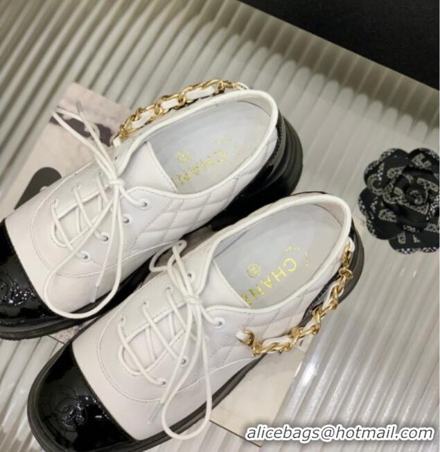 Most Popular Chanel Lambskin and Patent Leather Lace-ups with Chain Charm G39393 White