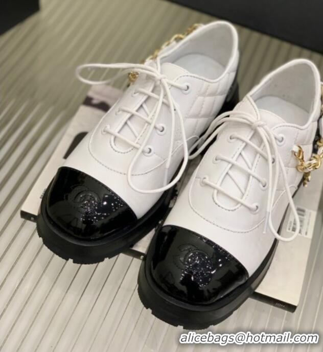 Most Popular Chanel Lambskin and Patent Leather Lace-ups with Chain Charm G39393 White