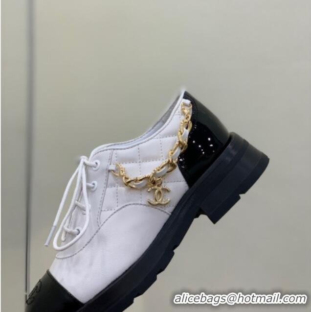 Most Popular Chanel Lambskin and Patent Leather Lace-ups with Chain Charm G39393 White