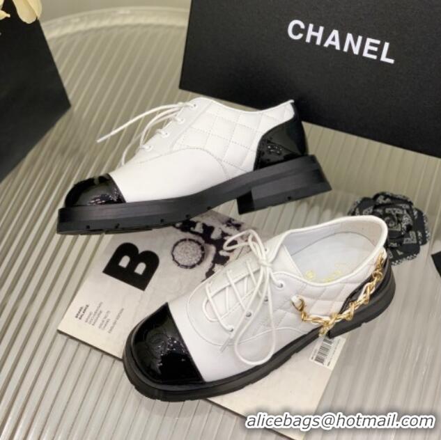 Most Popular Chanel Lambskin and Patent Leather Lace-ups with Chain Charm G39393 White