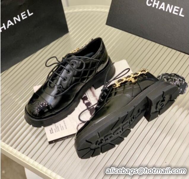 Best Product Chanel Crinkled Leather Lace-ups with Chain Charm G39393 Black