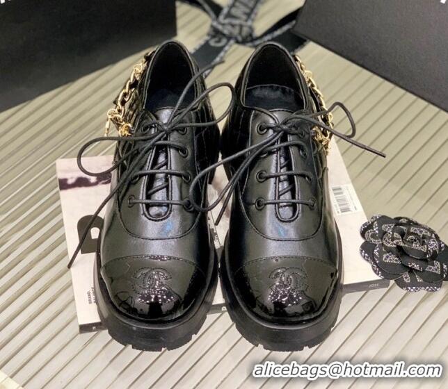 Best Product Chanel Crinkled Leather Lace-ups with Chain Charm G39393 Black