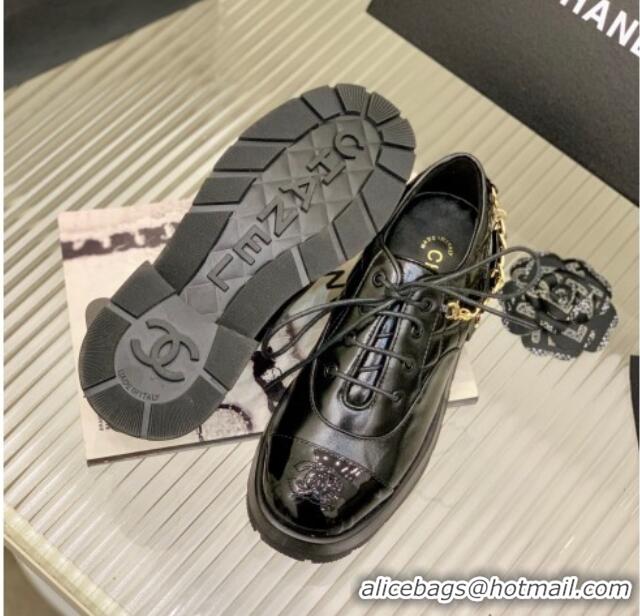 Best Product Chanel Crinkled Leather Lace-ups with Chain Charm G39393 Black