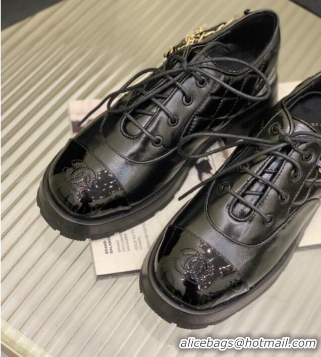 Best Product Chanel Crinkled Leather Lace-ups with Chain Charm G39393 Black