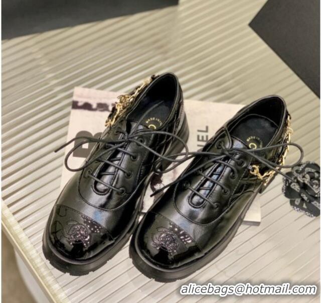 Best Product Chanel Crinkled Leather Lace-ups with Chain Charm G39393 Black