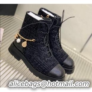 Shop Cheap Chanel Tweed and Calfskin Lace-ups with Chain Charm G39393 Black