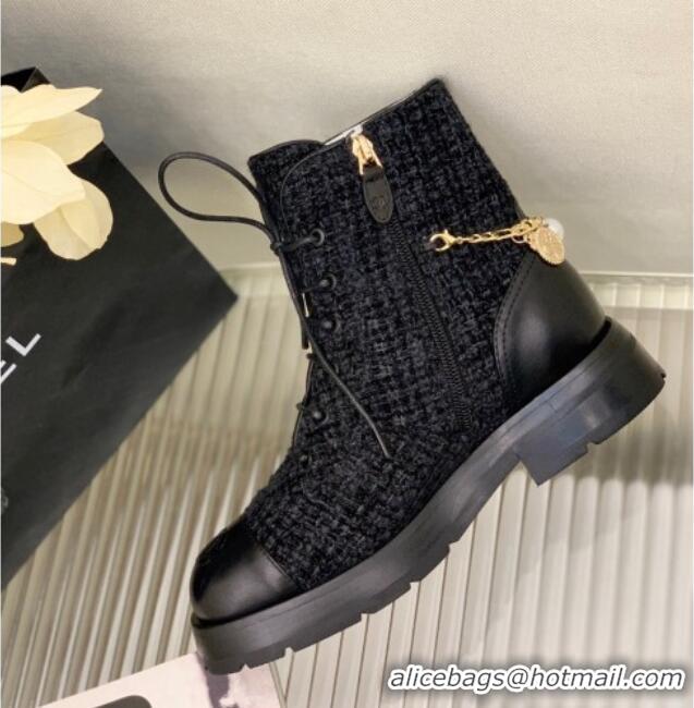 Shop Cheap Chanel Tweed and Calfskin Lace-ups with Chain Charm G39393 Black