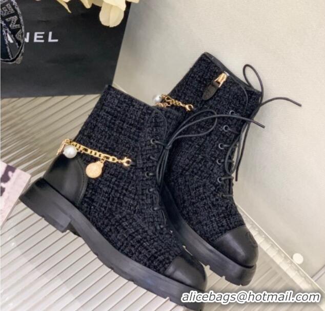 Shop Cheap Chanel Tweed and Calfskin Lace-ups with Chain Charm G39393 Black