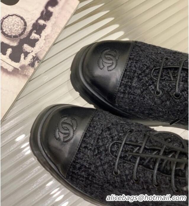 Shop Cheap Chanel Tweed and Calfskin Lace-ups with Chain Charm G39393 Black