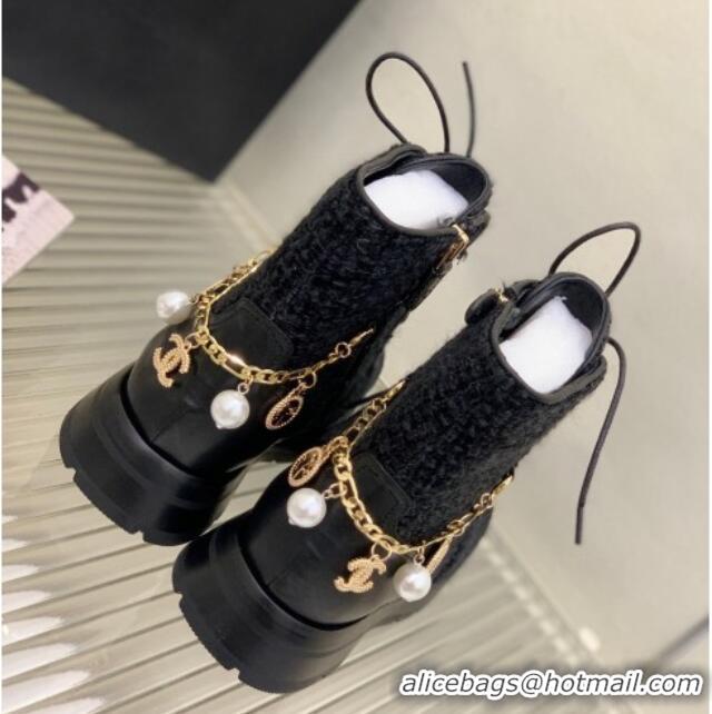 Shop Cheap Chanel Tweed and Calfskin Lace-ups with Chain Charm G39393 Black