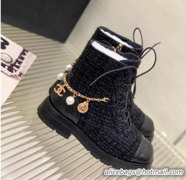 Shop Cheap Chanel Tweed and Calfskin Lace-ups with Chain Charm G39393 Black