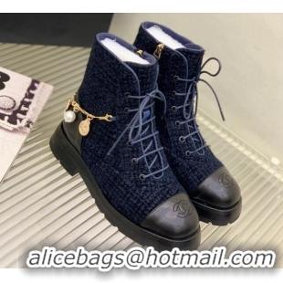 Luxury Chanel Tweed and Calfskin Lace-ups with Chain Charm G39393 Navy Blue