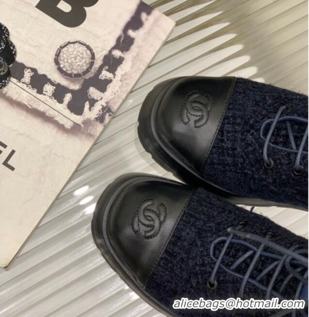 Luxury Chanel Tweed and Calfskin Lace-ups with Chain Charm G39393 Navy Blue