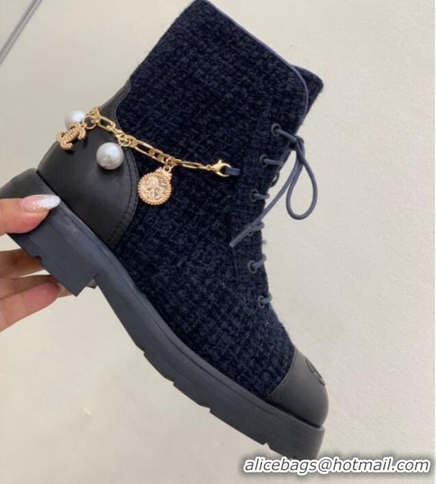 Luxury Chanel Tweed and Calfskin Lace-ups with Chain Charm G39393 Navy Blue